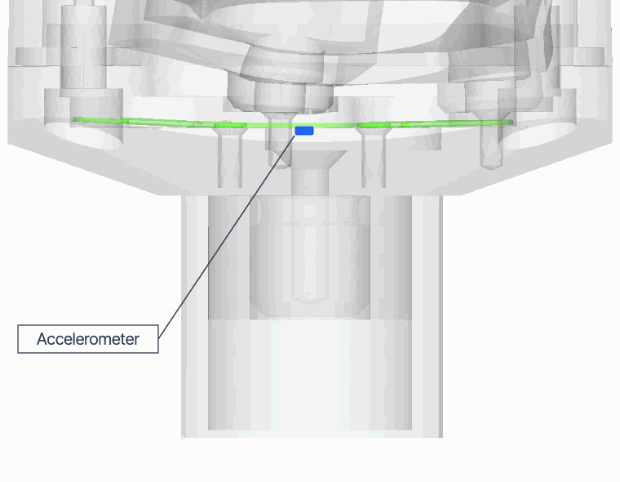 Detail animation of the sensor base and mounting tip, with the accelerometer marked