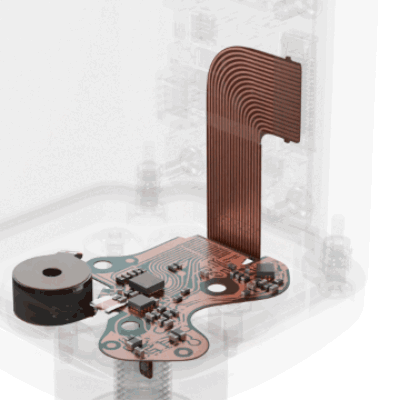 Animation of the flexible PCB and the board it rises from, rotating