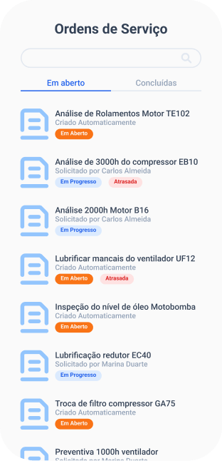 Tela ordens de serviço app TracOS™ - Tractian