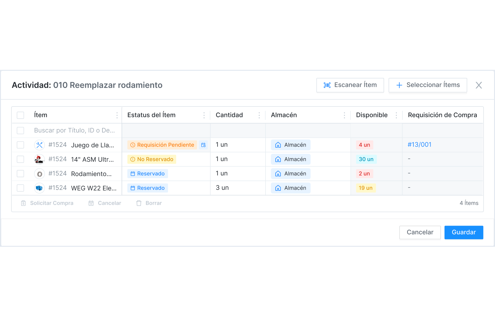 Reserva o solicita artículos desde la Orden de Trabajo