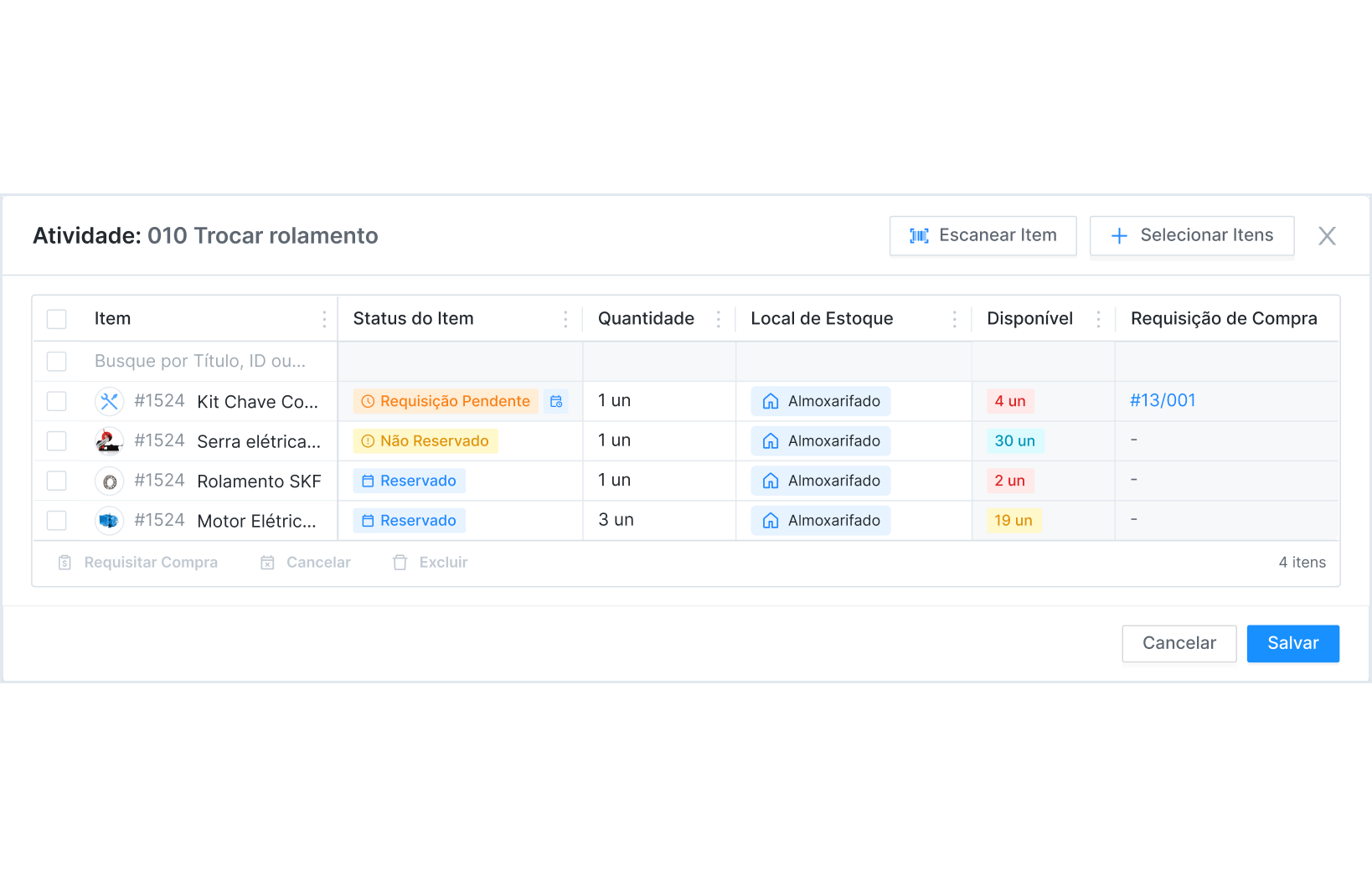 Reserve ou Requisite itens a partir da Ordem de Serviço