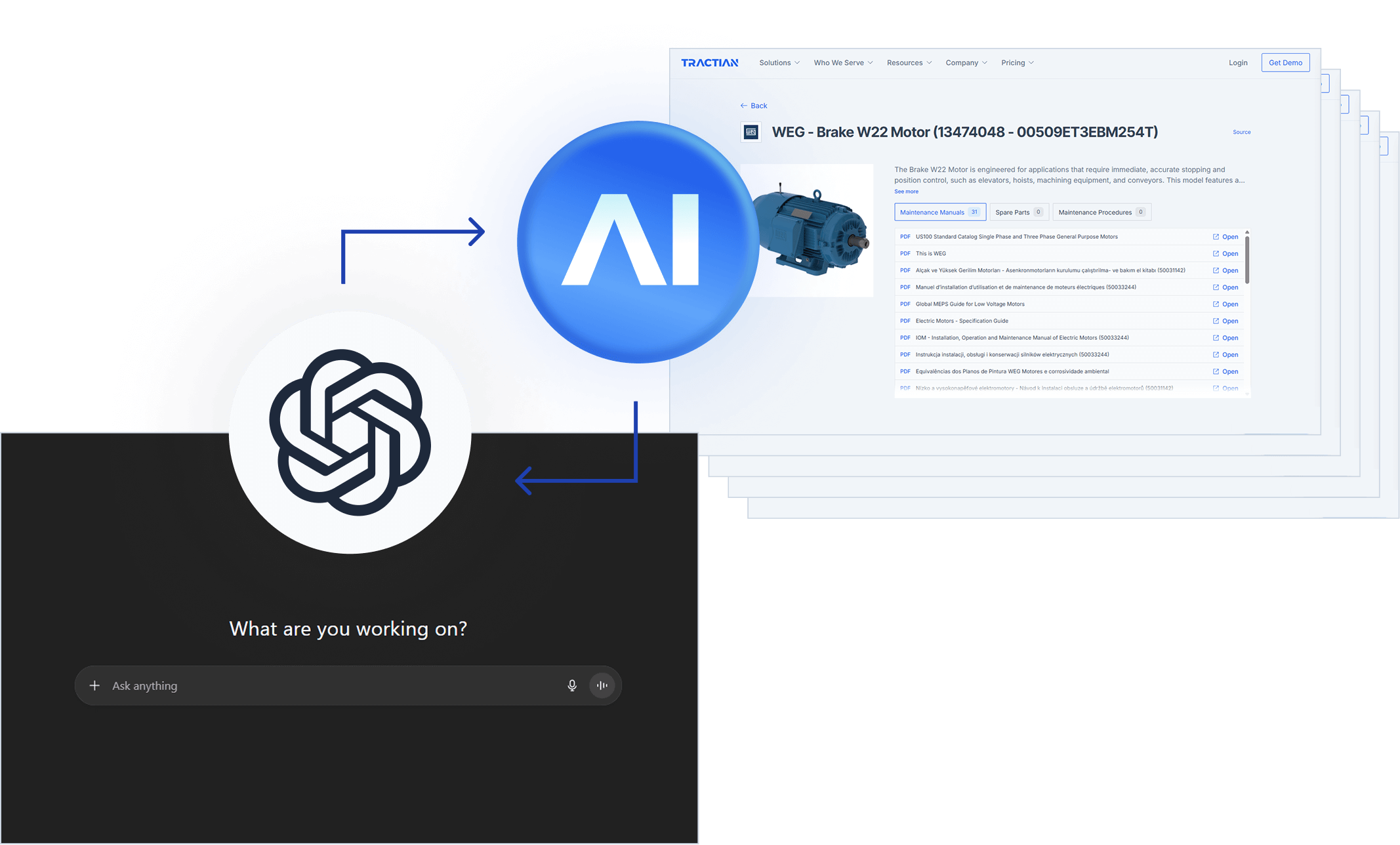 Tractian AI Assistants interface showing ChatGPT integration