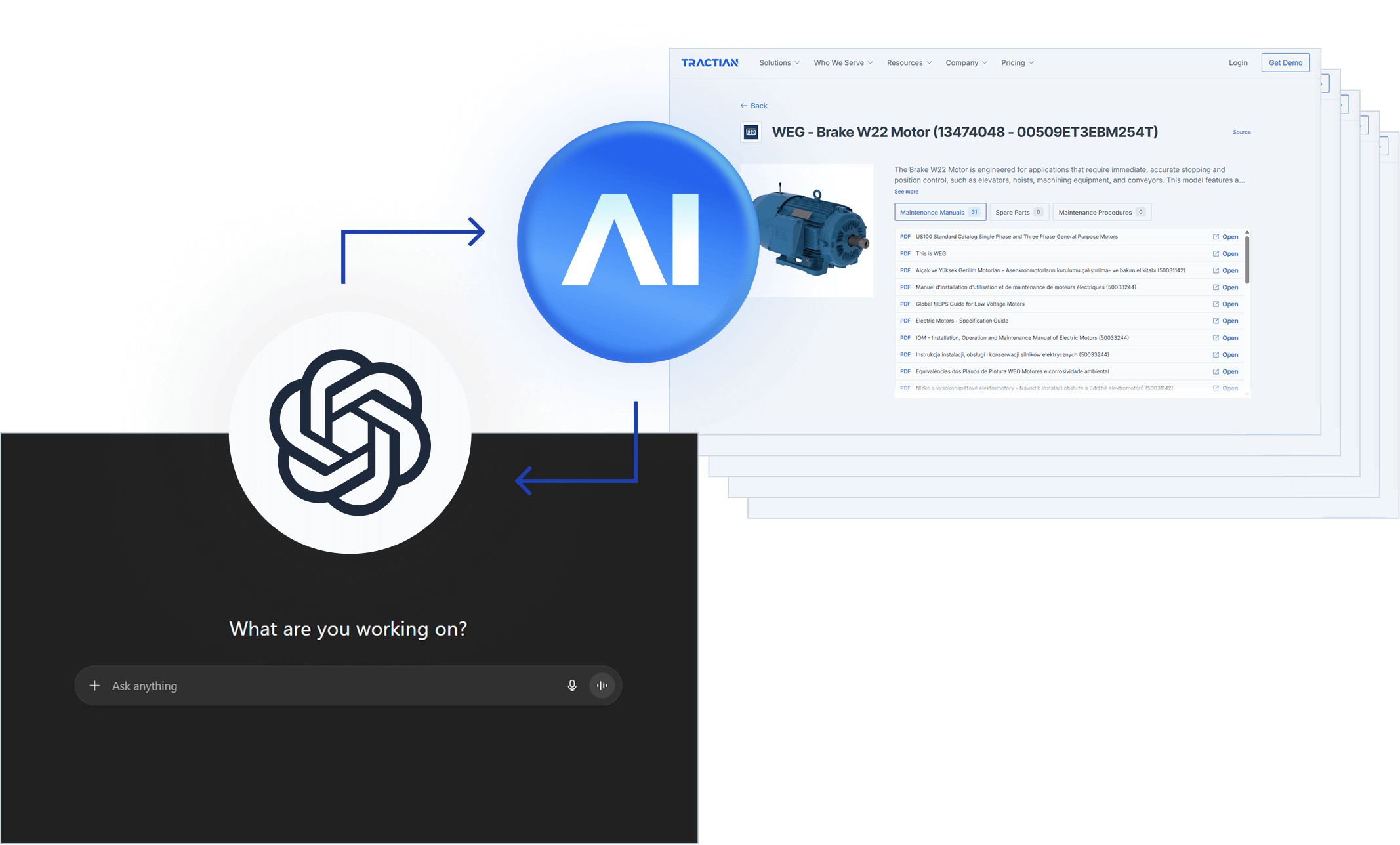 Tractian AI Assistants interface showing ChatGPT integration
