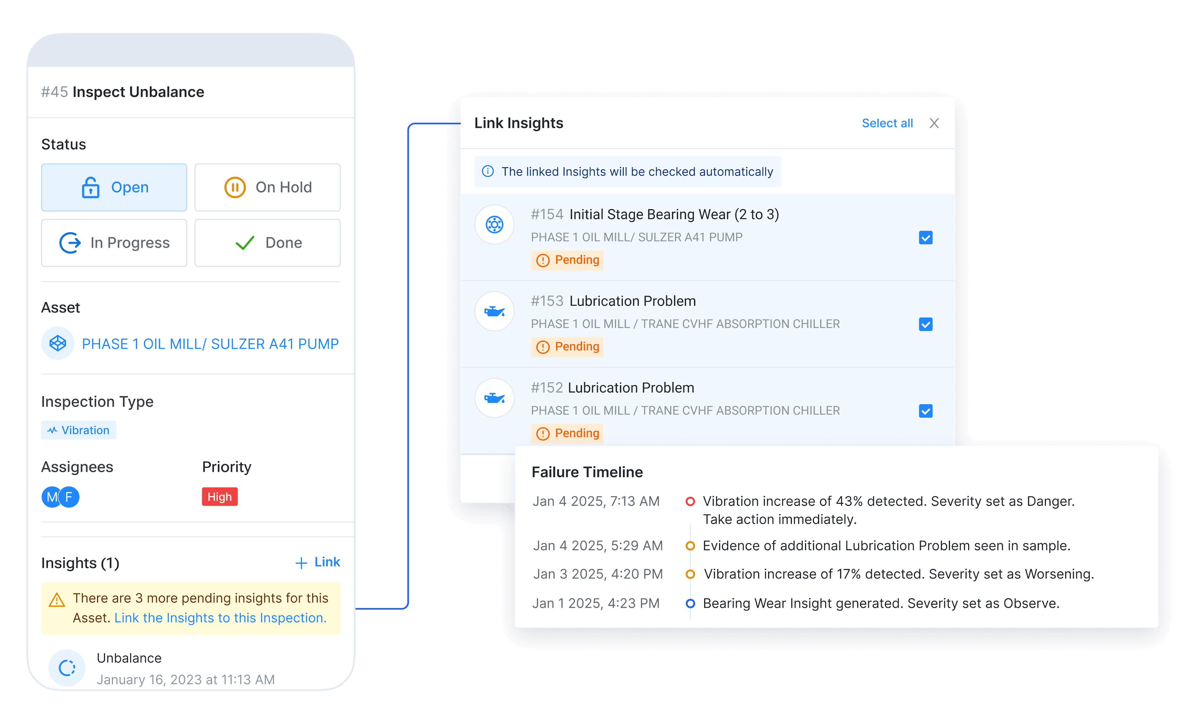 Conecte alertas, ordens de serviço e intervenções em uma única linha do tempo.